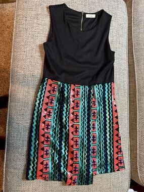 Freeway Black Bodice Mini Dress with Coral & Teal Patterned Skirt